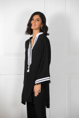 Black White Stripes Tori Bunch Shirt With Black Tassil Izaar | SHK-808