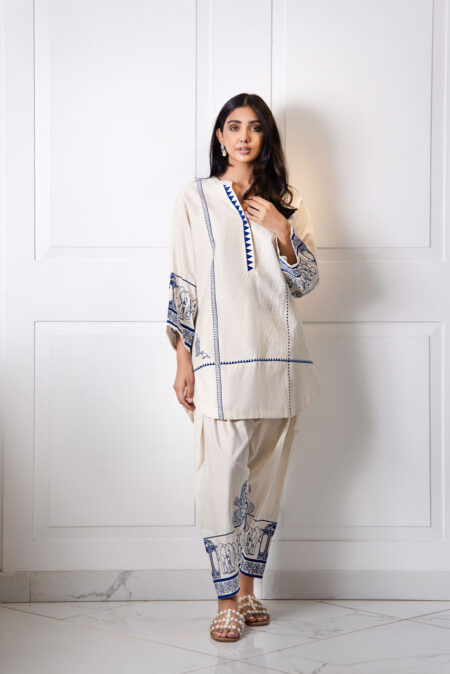 Off White Khaddar Blue Block Print Shirt & Block Print Shalwar | SHK-899