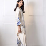 Off White Khaddar Blue Block Print Shirt & Block Print Shalwar | SHK-899 - Image 2