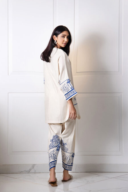 Off White Khaddar Blue Block Print Shirt & Block Print Shalwar | SHK-899 - Image 3