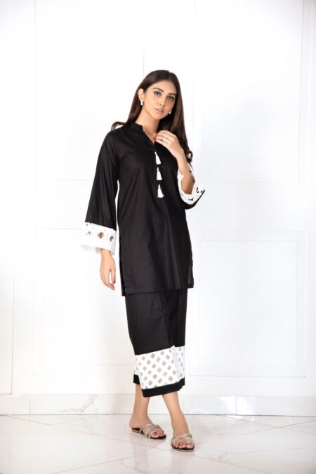 Black White Chatta Patti Tassil Shirt With Black Chatta Patti Izaar | SHK-829