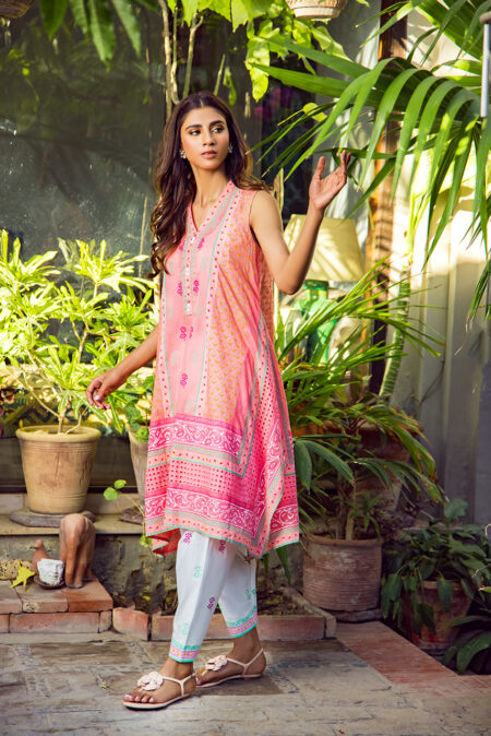 Pink Lawn Block Print Falerad Shirt With White Block Print Shalwar | SHK 913 - Image 3