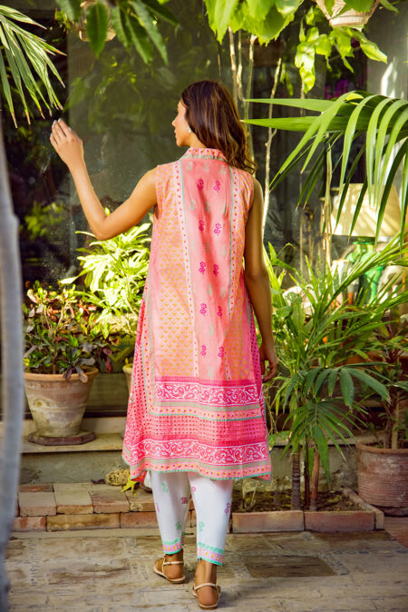 Pink Lawn Block Print Falerad Shirt With White Block Print Shalwar | SHK 913 - Image 2