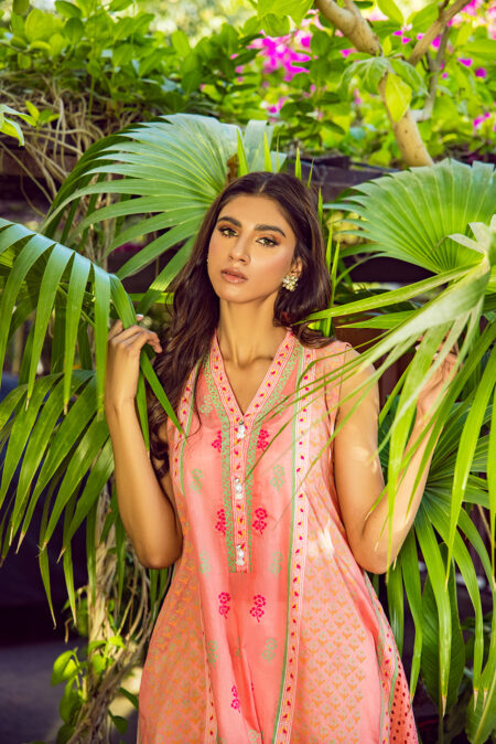 Pink Lawn Block Print Falerad Shirt With White Block Print Shalwar | SHK 913 - Image 4