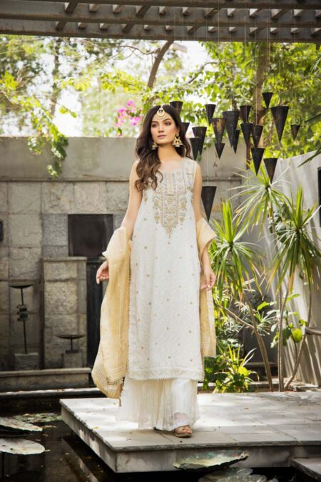 Off White Embroided Gold Silver Detaling Shirt With Crush Azaar Gold Masoori Block Print Dupatta | SHK-818