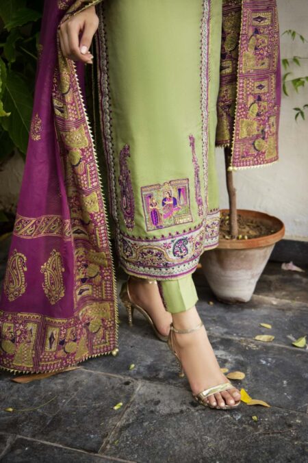 Olive Green Khaadi Net Purple Detaling Angrakha With Olive Pant & Purple Block Print Dupatta | SHK-813 - Image 5