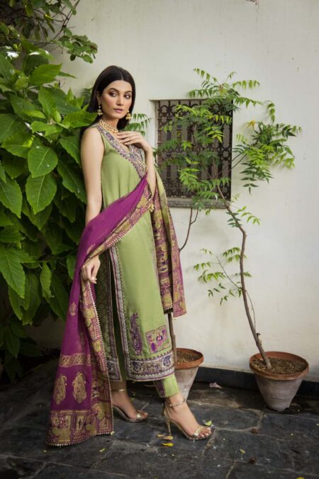 Olive Green Khaadi Net Purple Detaling Angrakha With Olive Pant & Purple Block Print Dupatta | SHK-813 - Image 4