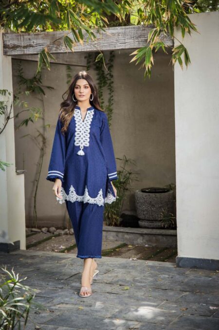 Navy Chikan White Dori Work Neck Shirt With Izaar | SHK-810