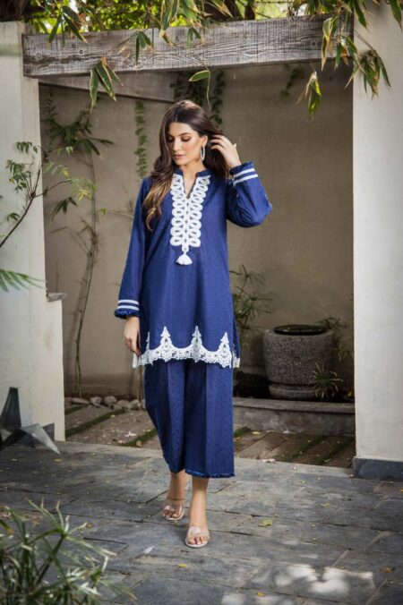 Navy Chikan White Dori Work Neck Shirt With Izaar | SHK-810 - Image 4