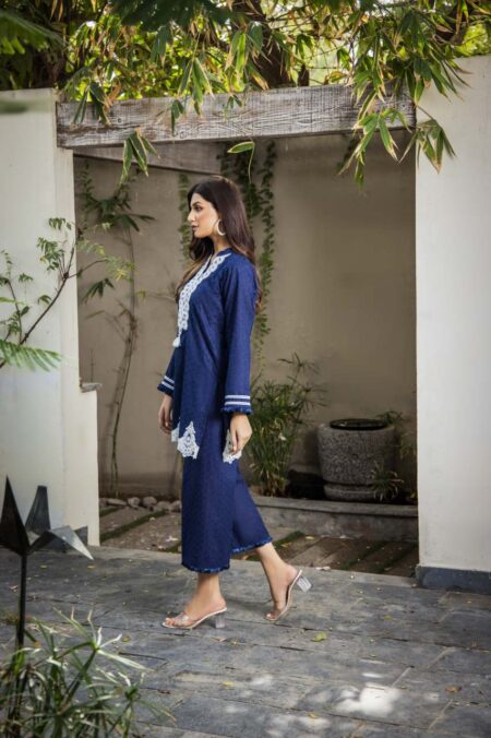 Navy Chikan White Dori Work Neck Shirt With Izaar | SHK-810 - Image 3