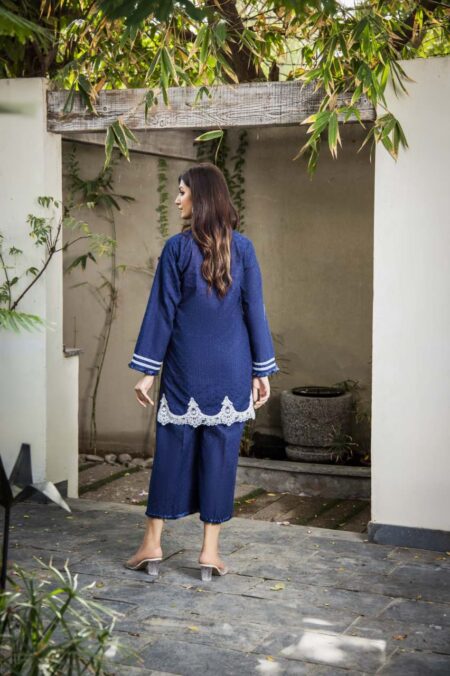 Navy Chikan White Dori Work Neck Shirt With Izaar | SHK-810 - Image 2