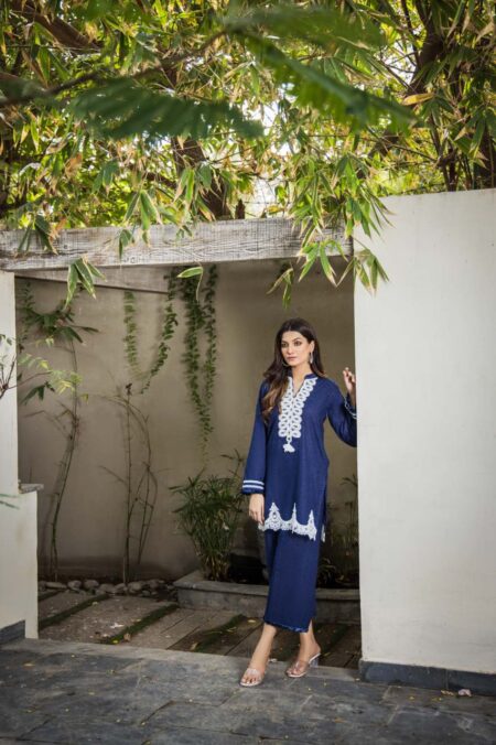 Navy Chikan White Dori Work Neck Shirt With Izaar | SHK-810 - Image 5
