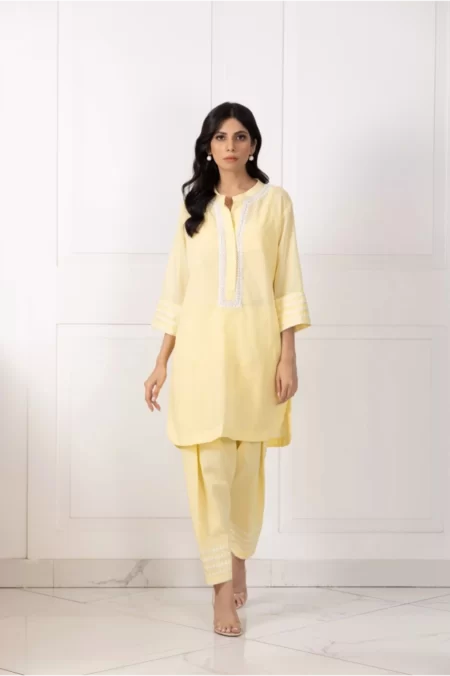 Yellow Cotton Block Printed Shirt with Skinny Shalwar – SHK-957