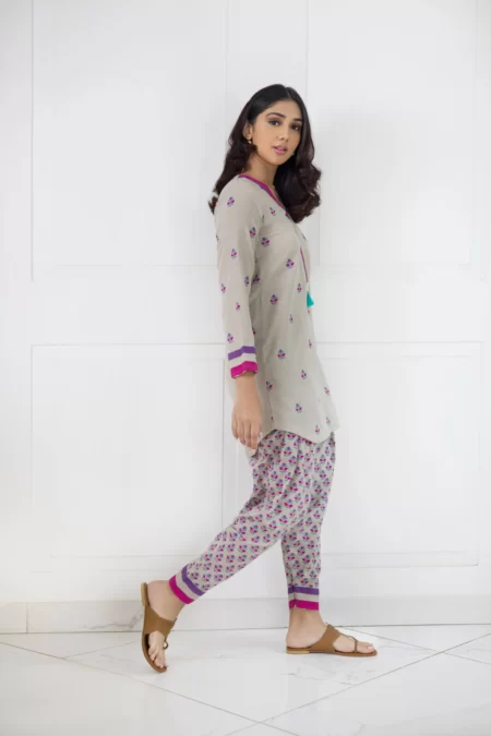 Beige Irish Linen Block Printed Kurta with Matching Shalwar – SHK-1012 - Image 3