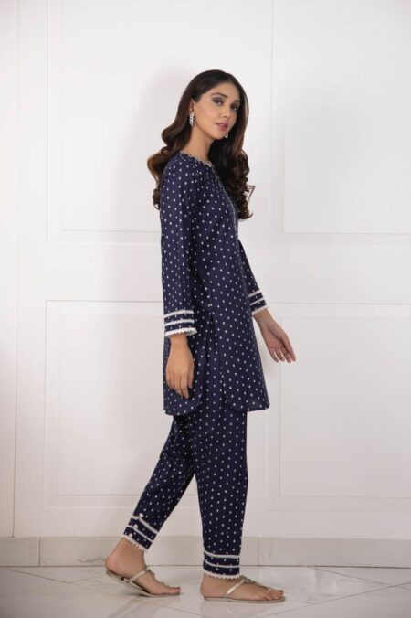 Navy Blue Ship Print Embroided Shirt With Shalwar | SHK-853 - Image 2