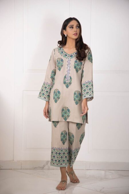 Beige Green & Blue Block Print Shirt With Block Print Azaar | SHK-851