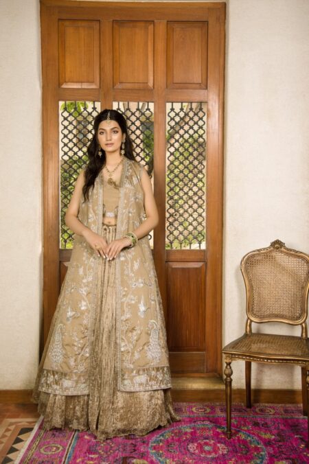 Beige Embroided  Silver Detailing Long Coat With Beige Blouse & Crush Lehenga | SHK-846