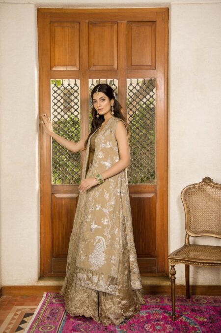 Beige Embroided  Silver Detailing Long Coat With Beige Blouse & Crush Lehenga | SHK-846 - Image 2