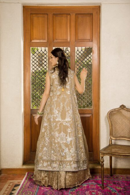 Beige Embroided  Silver Detailing Long Coat With Beige Blouse & Crush Lehenga | SHK-846 - Image 4