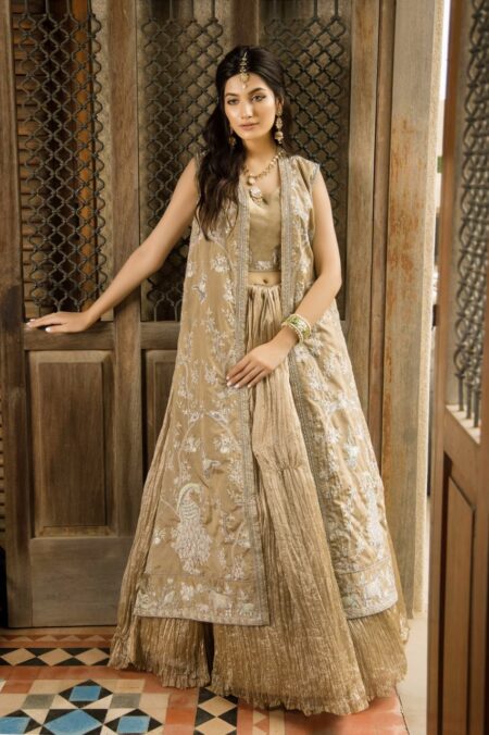 Beige Embroided  Silver Detailing Long Coat With Beige Blouse & Crush Lehenga | SHK-846 - Image 3