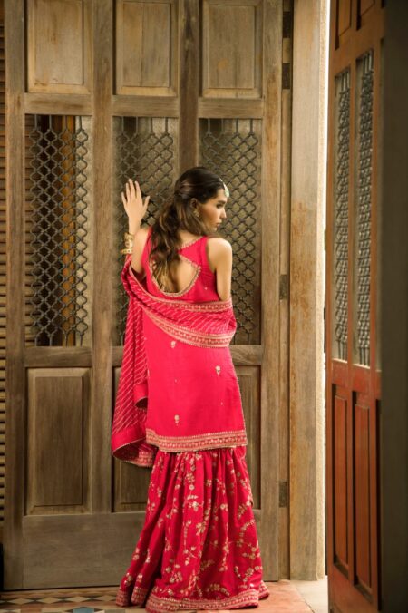 Shoking Pink Gold Hand Work Shirt With Golden Zari Work Garara & Hot Pink Laheriya Dupatta | SHK-842 - Image 4