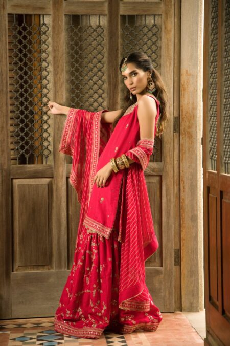 Shoking Pink Gold Hand Work Shirt With Golden Zari Work Garara & Hot Pink Laheriya Dupatta | SHK-842 - Image 3