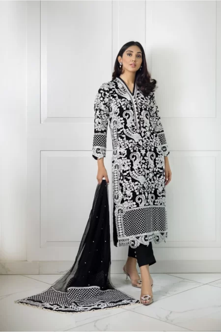 Black chiffon long shirt with white dori work paired with capri pants & embroidered dupatta | SHK-1011 - Image 2