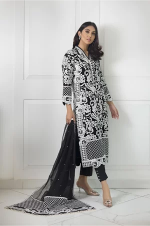 Black chiffon long shirt with white dori work paired with capri pants & embroidered dupatta | SHK-1011