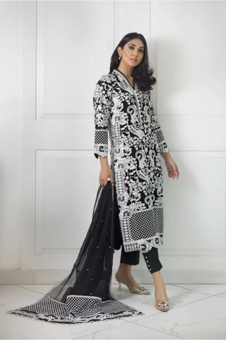 Black chiffon long shirt with white dori work paired with capri pants & embroidered dupatta | SHK-1011 - Image 3