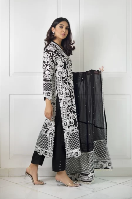 Black chiffon long shirt with white dori work paired with capri pants & embroidered dupatta | SHK-1011 - Image 4