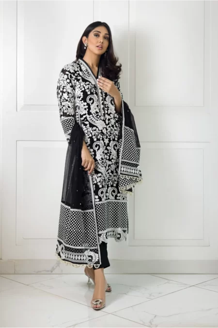 Black chiffon long shirt with white dori work paired with capri pants & embroidered dupatta | SHK-1011