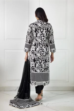 Black chiffon long shirt with white dori work paired with capri pants & embroidered dupatta | SHK-1011