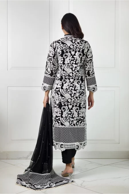 Black chiffon long shirt with white dori work paired with capri pants & embroidered dupatta | SHK-1011 - Image 5
