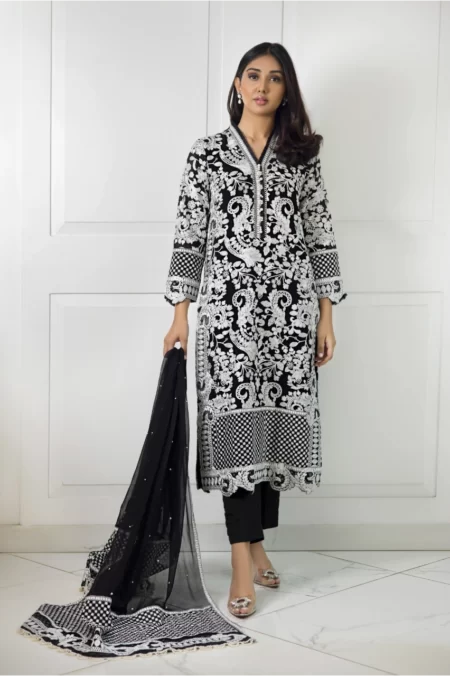 Black chiffon long shirt with white dori work paired with capri pants & embroidered dupatta | SHK-1011 - Image 6