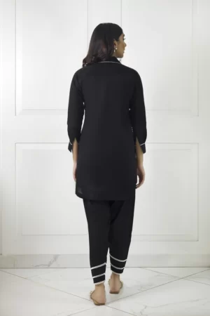 Black cotton shirt with white detailing paired with a matching shalwar | SHK-1010