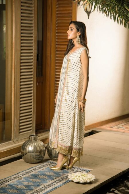 Off White Angrakha With Silver & Gold Mukaish & Pink Accent Paired With Jamawar Capri & Reversible Banarsi Dupatta | SHK-845 - Image 2