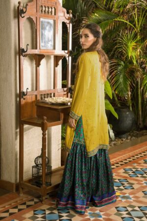 Hand Embroidered Yellow Raw Silk Shirt With Green Accents Paired With A Block-Printed Gharara & Net Dupatta | SHK-843