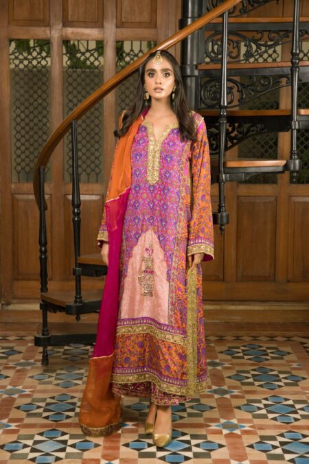 Hot Pink  Block Print & Gold Hand Work Kaftan With Gold Hand Work Block Print Azaar & Organza Dupatta | SHK-841