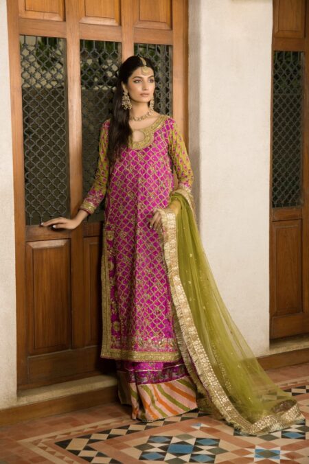 Hot Pink Gotta Work Block Print Shirt With Chattapati Farshi Garara & Green Gold Work Net Dupatta | SHK-840