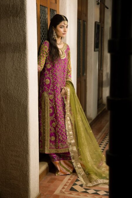 Hot Pink Gotta Work Block Print Shirt With Chattapati Farshi Garara & Green Gold Work Net Dupatta | SHK-840 - Image 2
