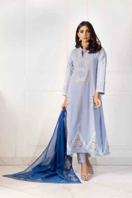 Light Blue Block Printed Long Shirt with Block Printed Dupatta – SHK-940 - Image 2