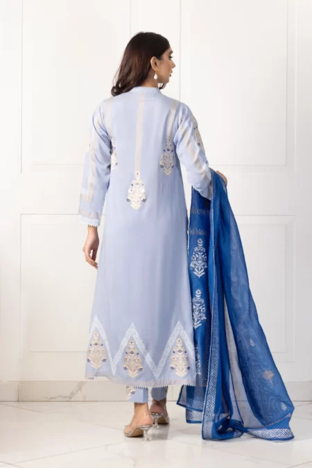 Light Blue Block Printed Long Shirt with Block Printed Dupatta – SHK-940 - Image 3