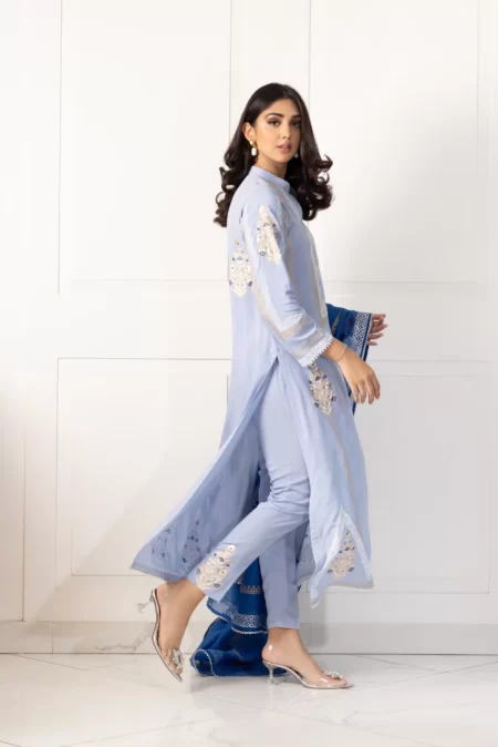 Light Blue Block Printed Long Shirt with Block Printed Dupatta – SHK-940 - Image 4