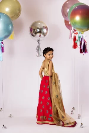 Hot Pink Block Printed Lehenga with Gold Choli & Matching Dupatta – SHKK-944