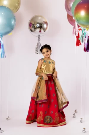 Hot Pink Block Printed Lehenga with Gold Choli & Matching Dupatta – SHKK-944