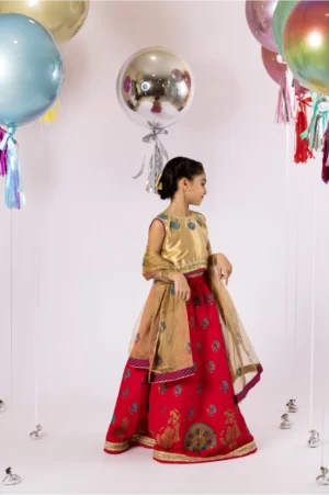 Hot Pink Block Printed Lehenga with Gold Choli & Matching Dupatta – SHKK-944