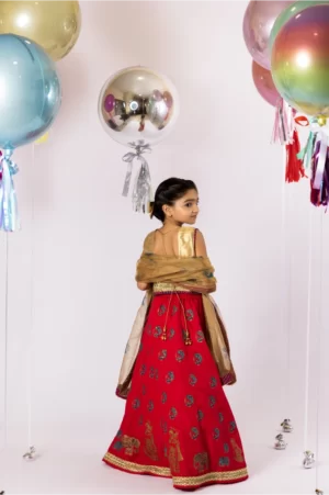 Hot Pink Block Printed Lehenga with Gold Choli & Matching Dupatta – SHKK-944
