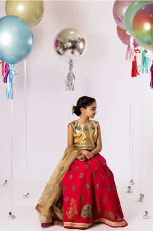 Hot Pink Block Printed Lehenga with Gold Choli & Matching Dupatta – SHKK-944