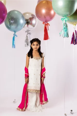 Off-white Shirt with Gold Embroidery Detailing with Crushed Azaar & Hot Pink Dupatta – SHKK-950
