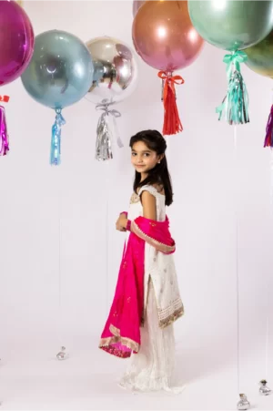 Off-white Shirt with Gold Embroidery Detailing with Crushed Azaar & Hot Pink Dupatta – SHKK-950